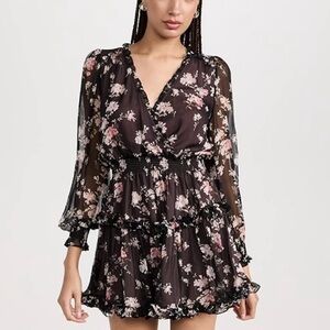 LoveShackFancy Silk Long Sleeves Black Floral Mini Dress size P